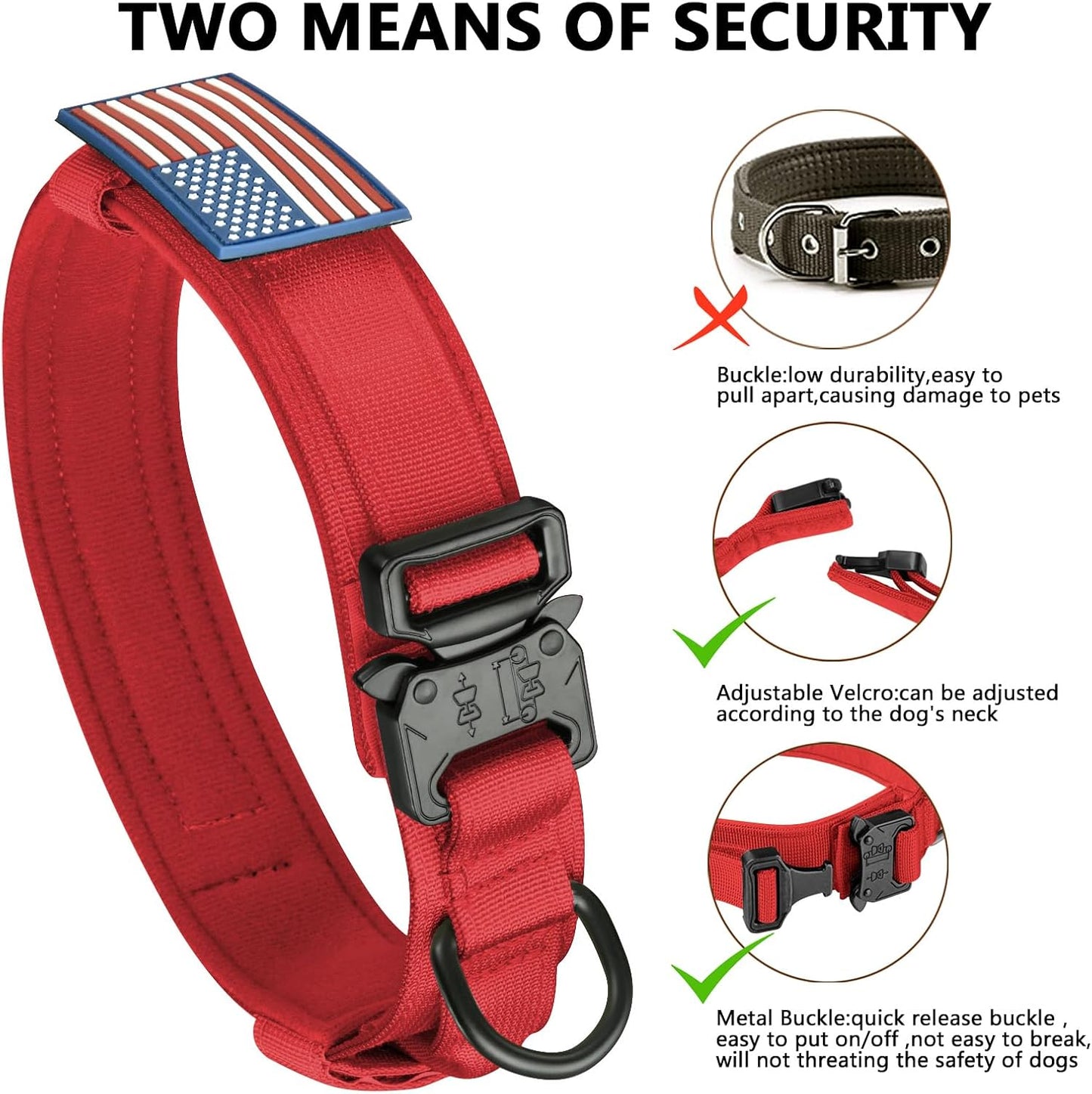 Tactical Dog Collar - Adjustable Military Nylon with Control Handle & Heavy Metal Buckle | Red, XL for Medium & Large Dogs