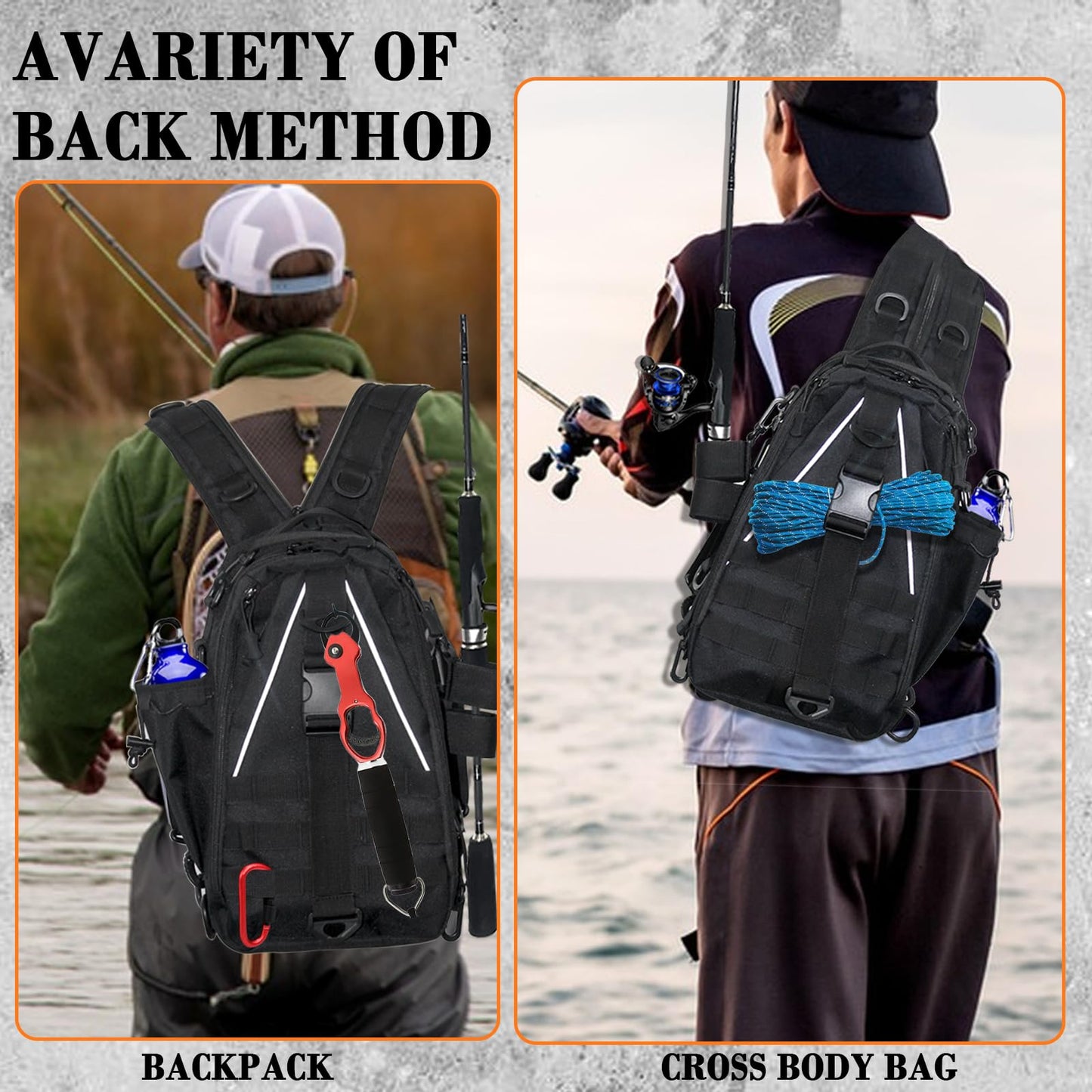 Zsrivk Fishing Tackle Bag Sling Shoulder Backpack with Rod & Gear Holder, Water Resistant & Weatherproof, Large Storage