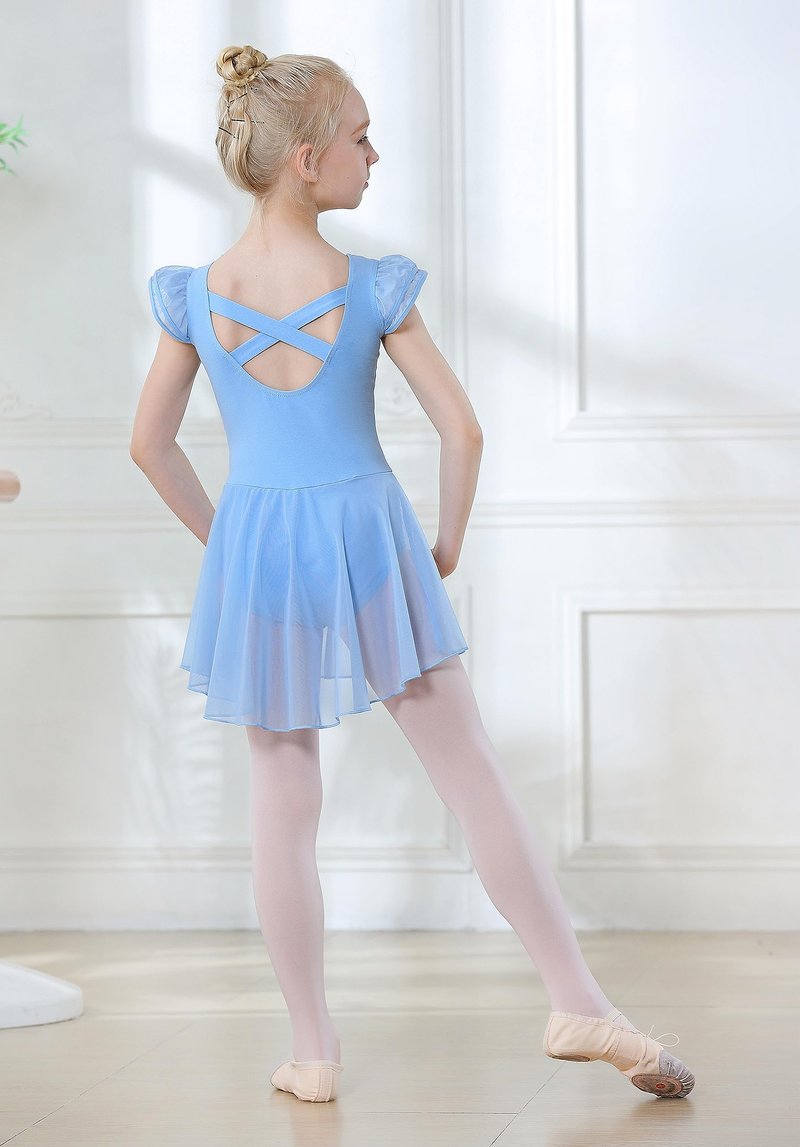 DIPUG Ballet Leotards for Girls Toddler Dance Leotard Flutter Sleeve and Criss-Cross Back Blue Size 4-6