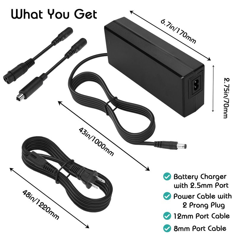 Panamalar 54.6V 2A Electric Bike Charger for 48V E-Bike Lithium Battery, Electric Scooter Power Charger, 3 in 1 Universal Power Adapter Plug for DC Connector with 2.5/2.1mm|8mm 3-Prong|12mm 1-Prong