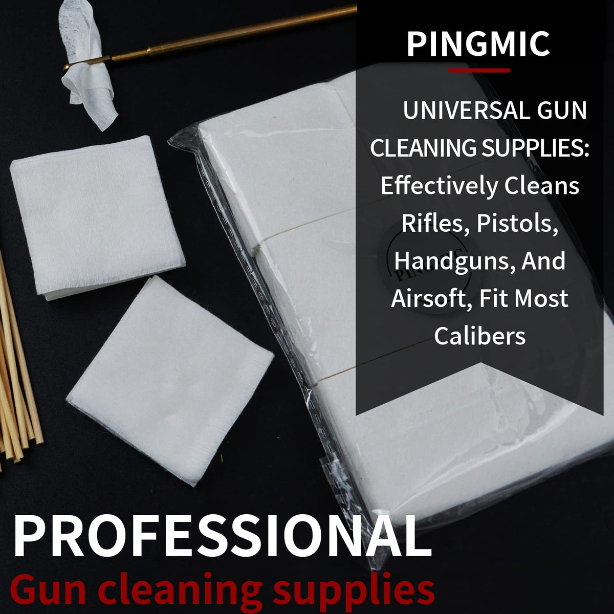 PINGMIC Gun Cleaning Supplies - 300PCS Gun Cleaning Patches and 300PCS Gun Cleaning Swabs, 6-inch Pointed Gun Swabs, 2" x 2" Lint Free Gun Patches - Fit Most Calibers Gun Cleaning Kit Supplies