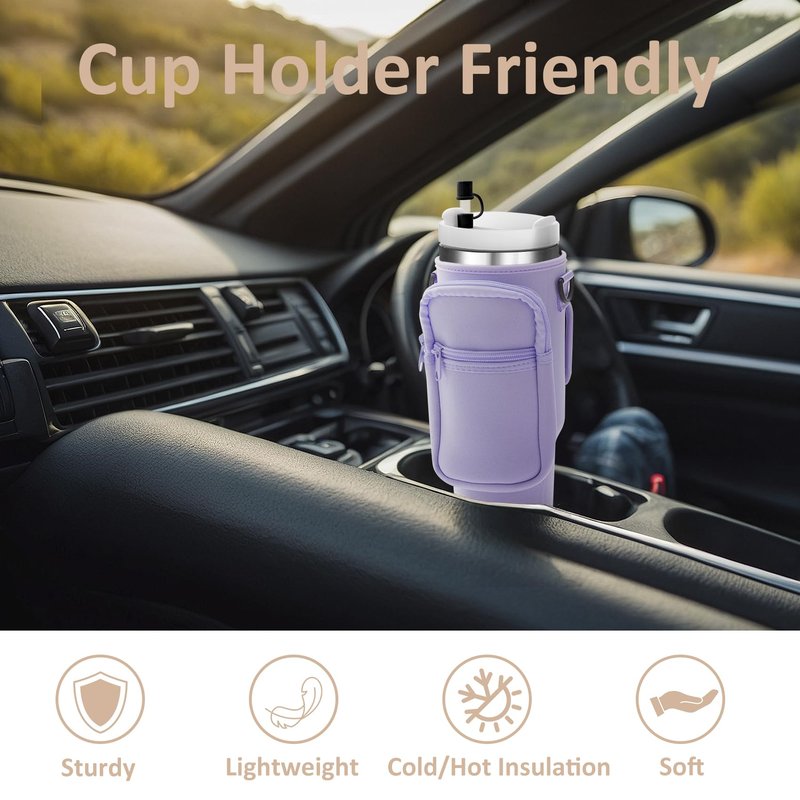 AceTreker Water Bottle Sleeve Bag for Stanley 30/40 oz Tumbler with Handle & Phone Pocket, Neoprene Metal Travel Coffee Mug Carrier Sling for Walking Hiking Driving-Black