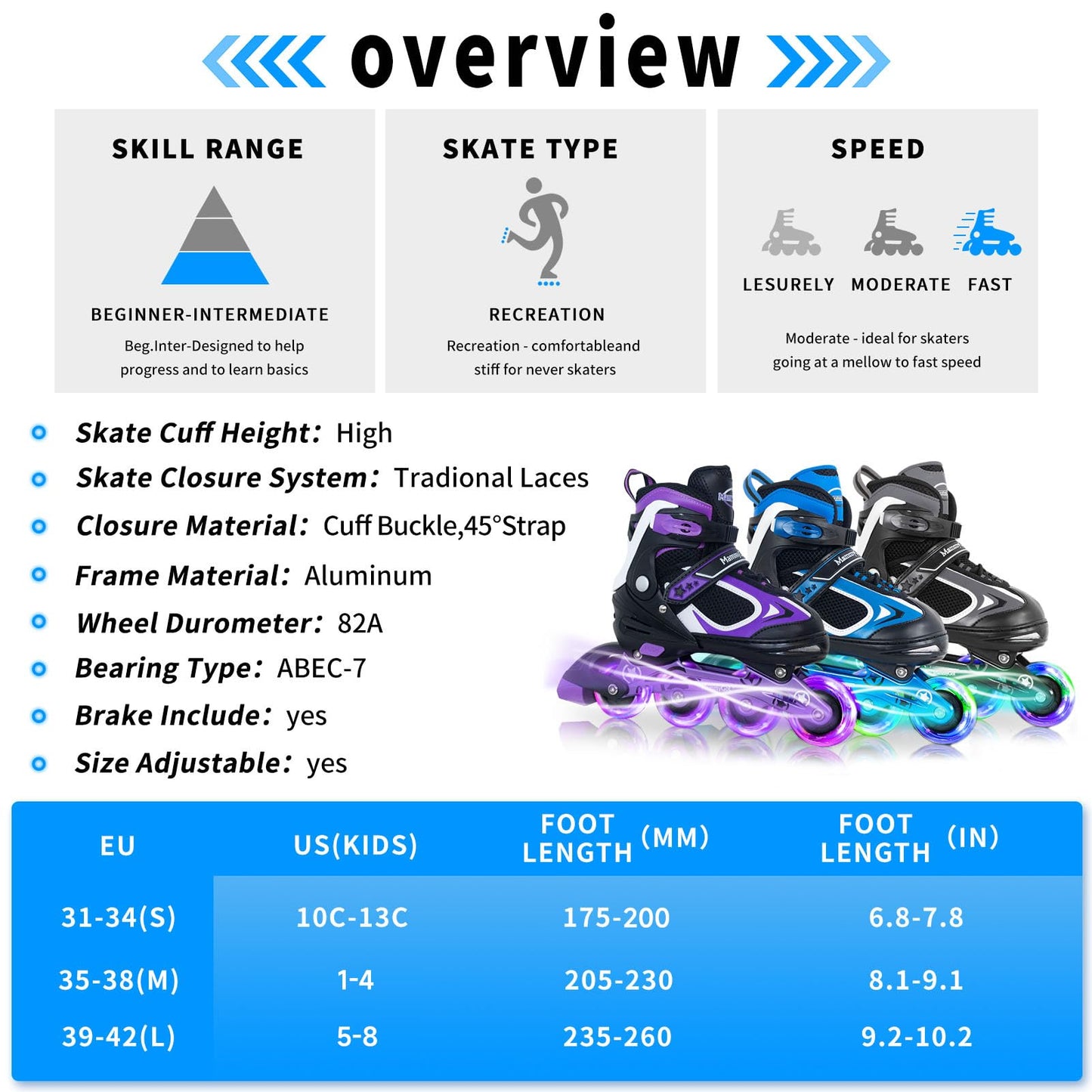 MammyGol Adjustable Inline Skates for Girls Kids Boys Youth with Light up Wheels, Rose Red Beginner Blades Roller Skates for Boys Size 1 2 3 4 Ages 4-12