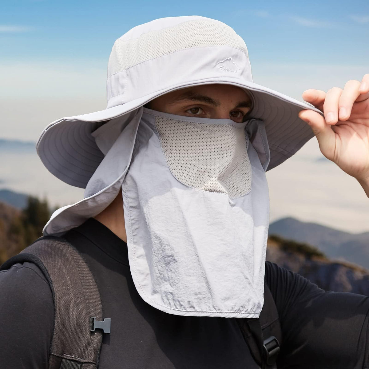 Fishing Hat for Men Sun Protection Hat with Removable Mesh Face Neck Flap Cover Windproof Strap for Men and Women Light Gray