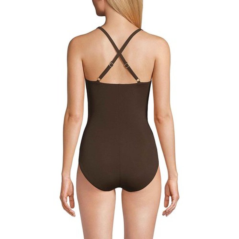 Lands' End Women's Slender Suit V-Neck Pleated X-Back One Piece Swimsuit 16 Rich Coffee