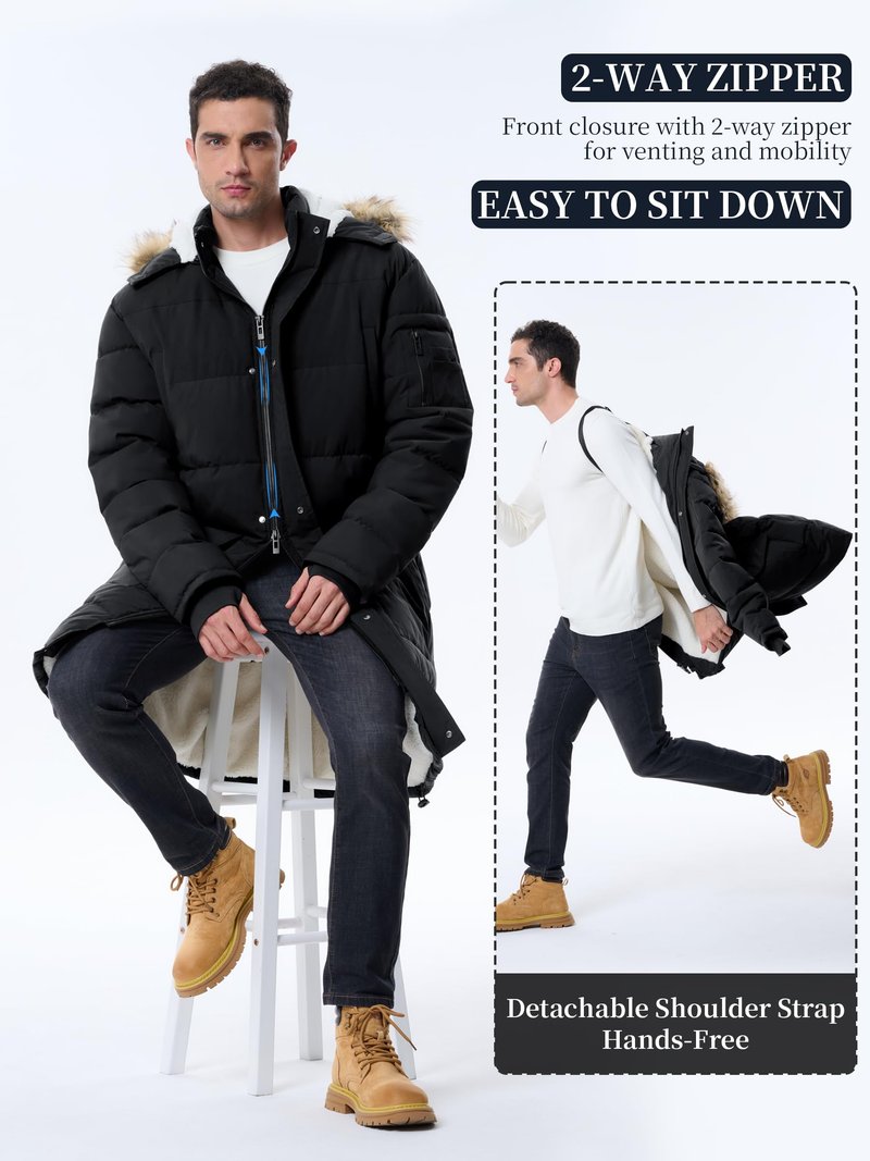 JAWERU Men's Extra Long Fleece Puffer Jacket Outerwear Winter Coats Hooded Parka Warm Water-resistant Cold Weather Black 2XL