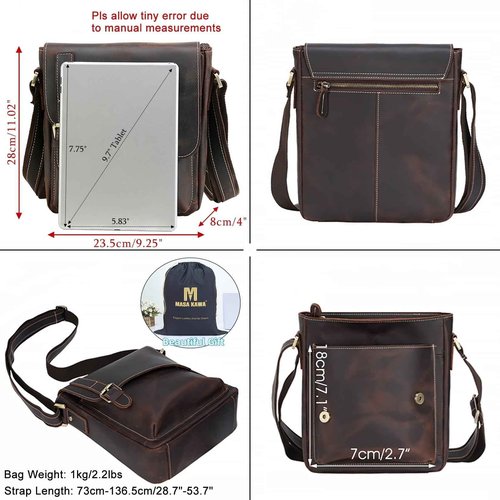 Masa Kawa Men's Leather Messenger Bag Retro Small Crossbody Shoulder Bag for Men Women Vintage Flap Over Man Purse Fits 10 Inch Tablet,Brown