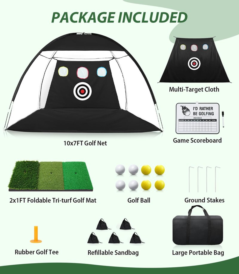 Golf Net, 10x7ft Golf Hitting Aid with Mat, Designed for Outdoor & Indoor Use, Practice Nets for Backyard Driving Real Balls, Ideal Gifts for Men Dad Husband & Golfers (10x7ft)