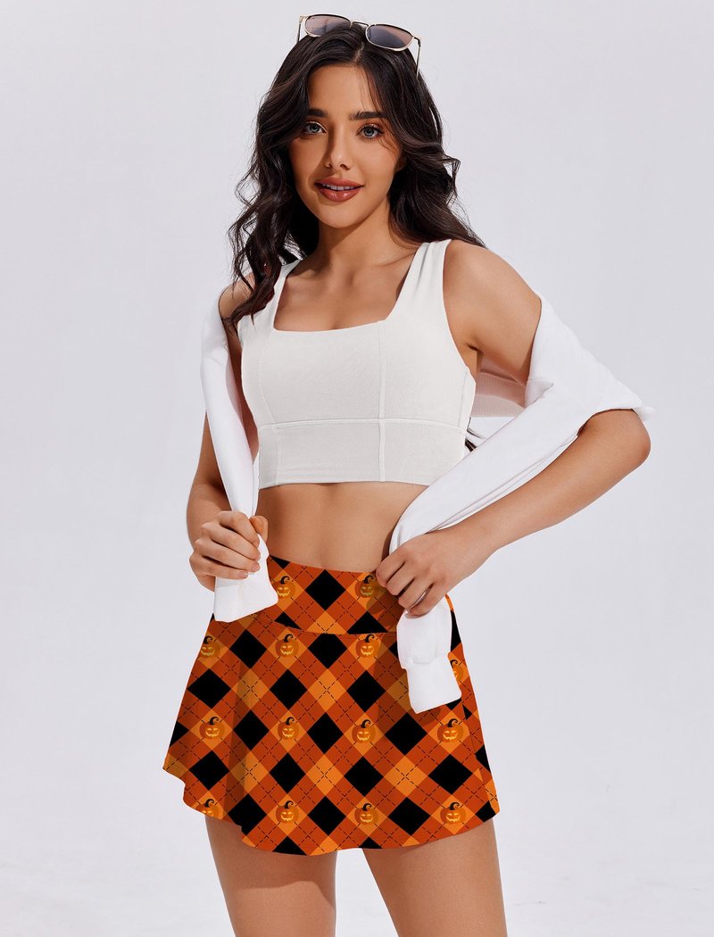 PINSPARK Athletic Skirt Skorts 14 Inch Tennis Skirts Tummy Control Golf Skirt with Pocket Yk2 Mini Skirt Activewar,Orange Print X-Small