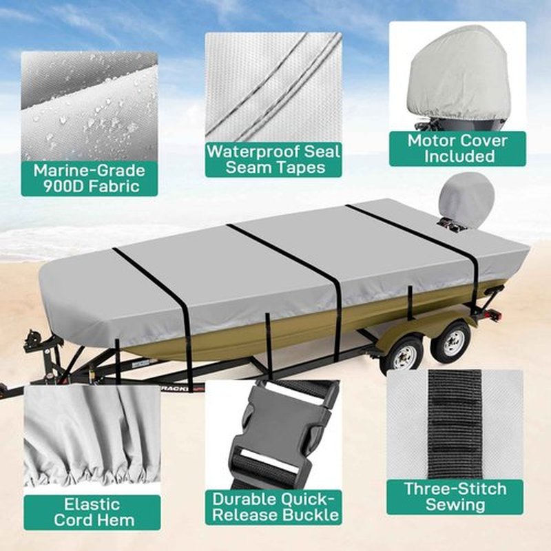 Caminor Jon Boat Cover 14 ft, 900D Heavy Duty Trailerable Waterproof Jon Boat Cover 14 Foot with Motor Cover, Marine Grade Canvas,Gray