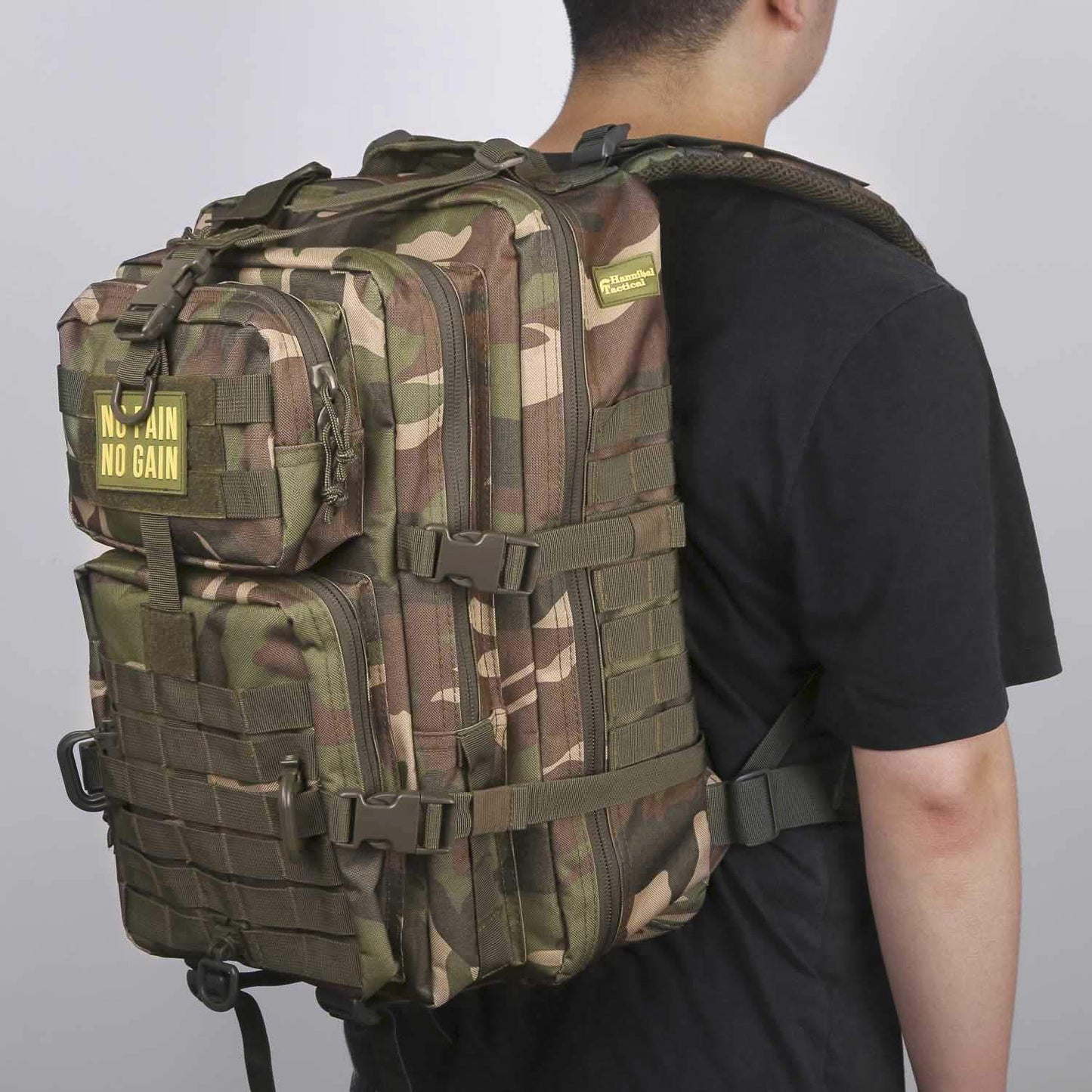Hannibal Tactical MOLLE Assault Backpack, Tactical Backpack Military Army Camping Rucksack, 3-Day Pack Trip w/Patch, D-Rings, Woodland