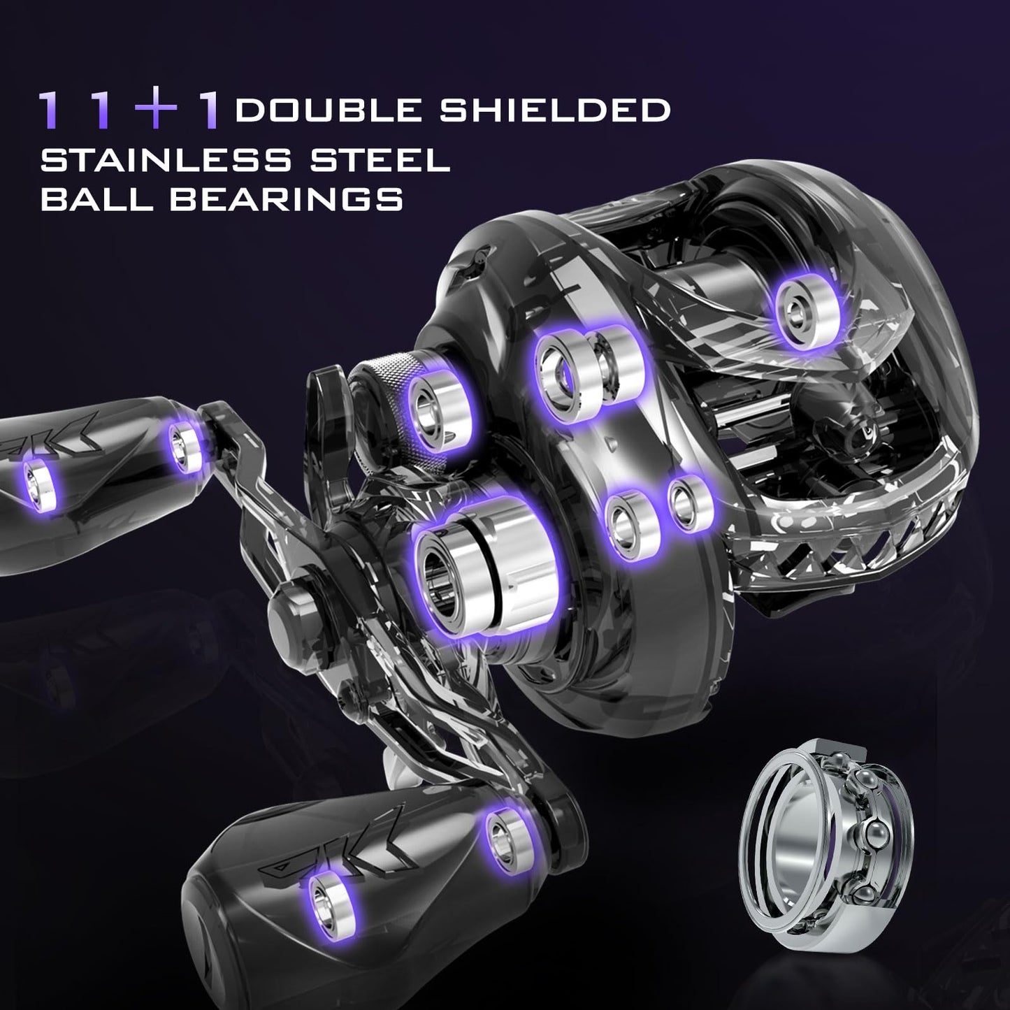 KastKing MegaJaws Elite Baitcasting Reels, 7.2:1 Gear Ratio, Right Handed, Black Violet, Shallow Spool, No Flipping Switch