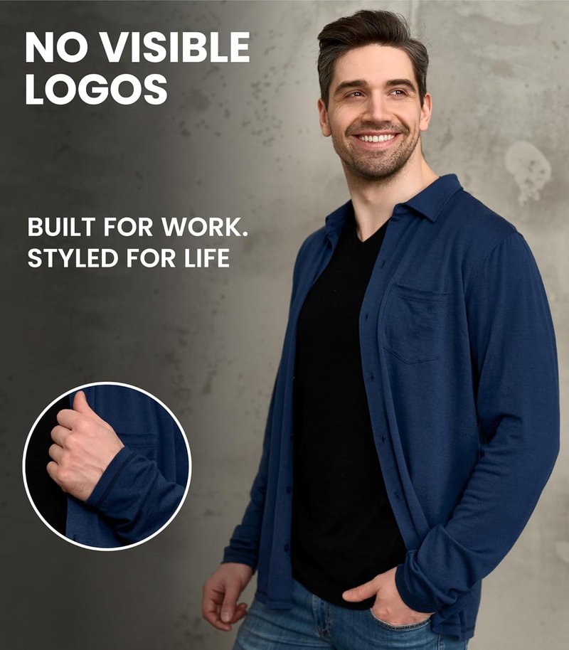 Merino Wool Shirts for Men - Lightweight Breathable Button-Up in Long & Short Sleeve Options