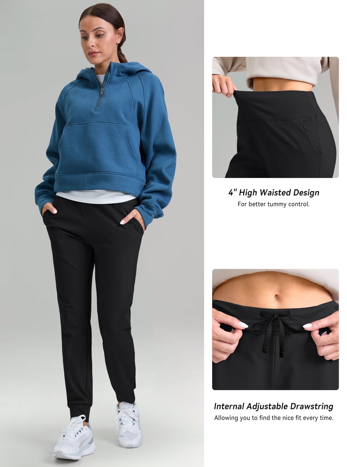 G Gradual Women's Fleece Lined Joggers High Waisted Water Resistant Thermal Hiking Pants Cold Weather Sweatpants with Pockets(Black,L)