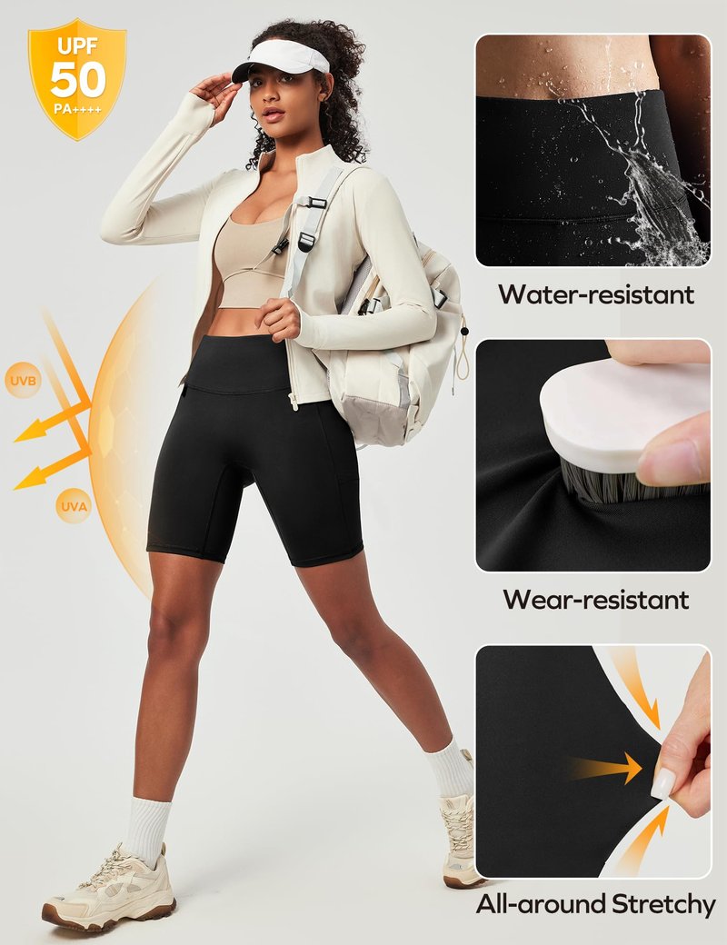 Ewedoos Biker Shorts Women Tummy Control with 4 Pockets No Front Seam Hiking Workout Spandex Shorts High Waisted UPF50+ Black