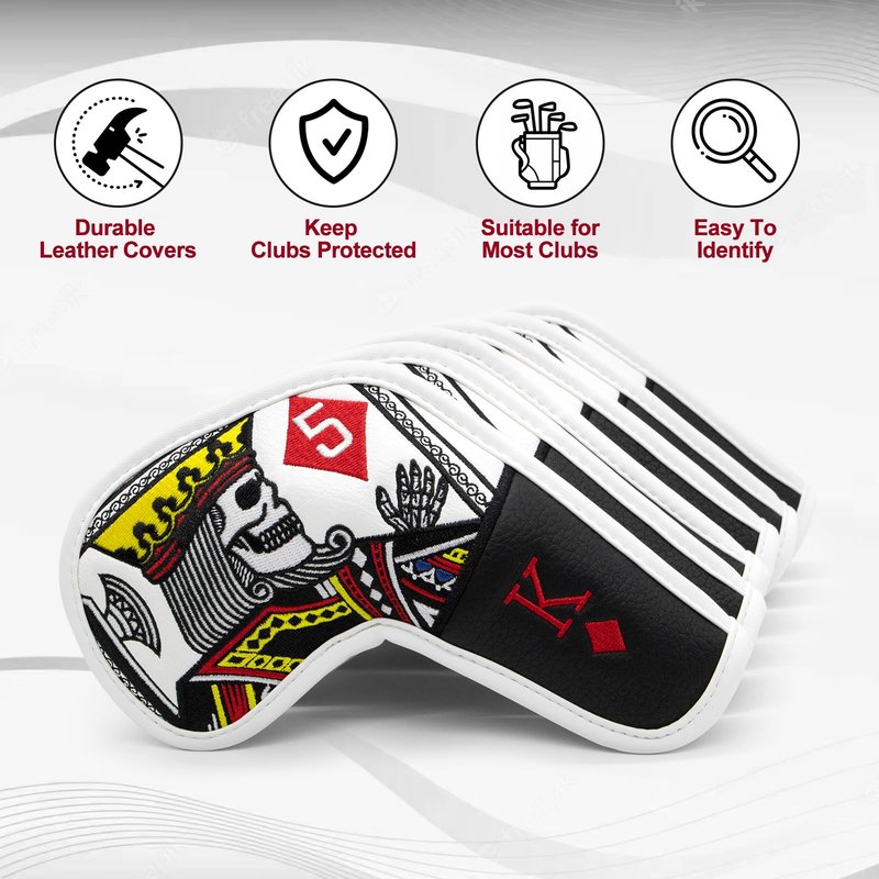 BAIRBRE Golf Club Covers Poker Diamond King Driver Cover Fariway Wood Headcover 3 Hybrid Head Covers Blade Putter Cover Mallet Putter Haedcovers with Magnetic Closure for Most Brand (Golf Iron Covers)