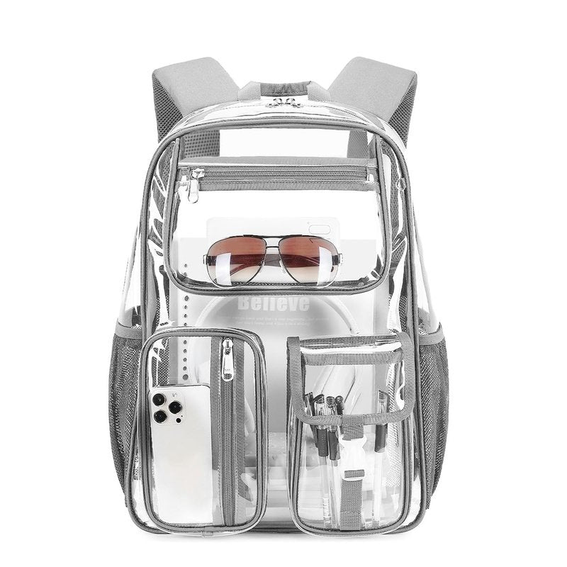 Cusangel Heavy Duty Clear Backpack for School,TPU Large 16X11X5 in Kids bookbag See Through Transparent Bookbag for Sport Event,Stadium Events&Work Backpacks(Grey-16in)