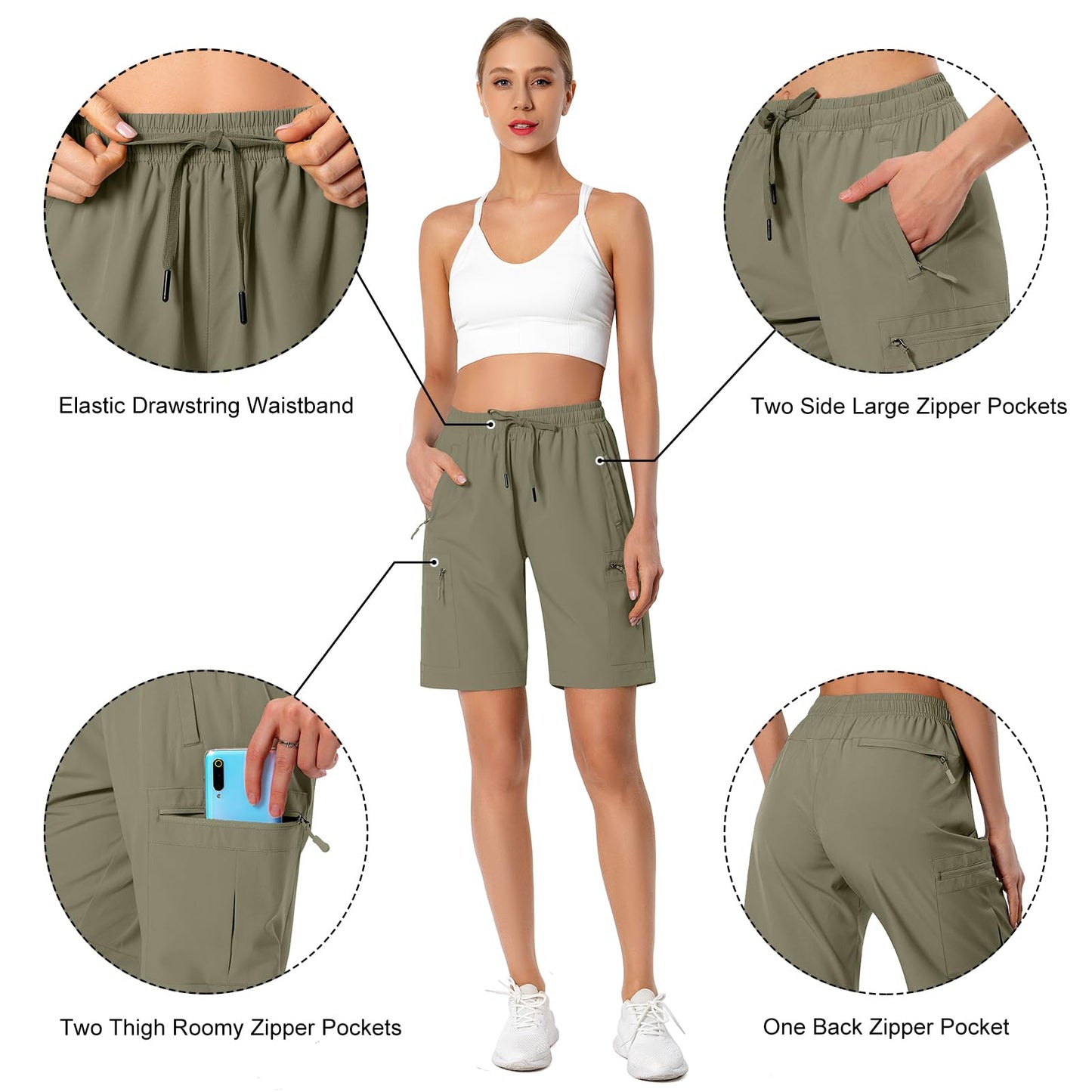 Hugut Women's Lightweight Hiking Cargo Shorts Quick Dry Athletic Shorts Camping Travel Golf Zipper Pockets Water Resistant Slate Green
