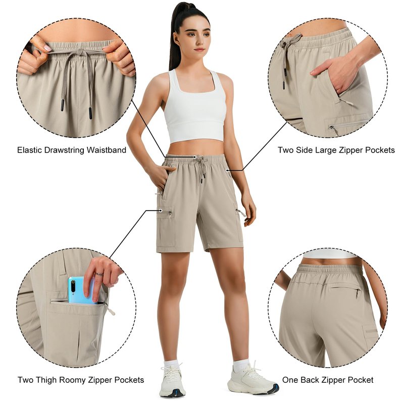 Hugut Women's Lightweight Hiking Cargo Shorts Quick Dry Athletic Shorts Camping Travel Golf Zipper Pockets Water Resistant Khaki