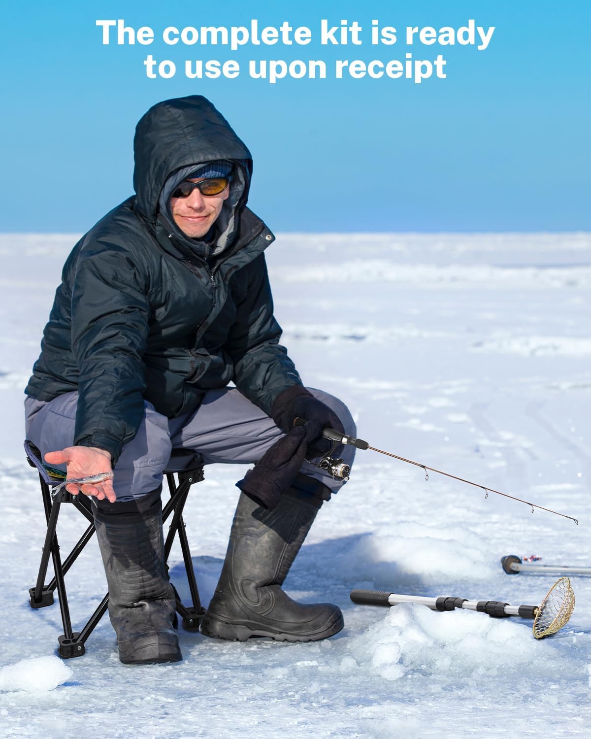Gonex Ice Fishing Rod Reel Combo - Medium Light Carbon Fiber Kit with Spinning Reel & Folding Stool | Portable Winter Fishing Gear
