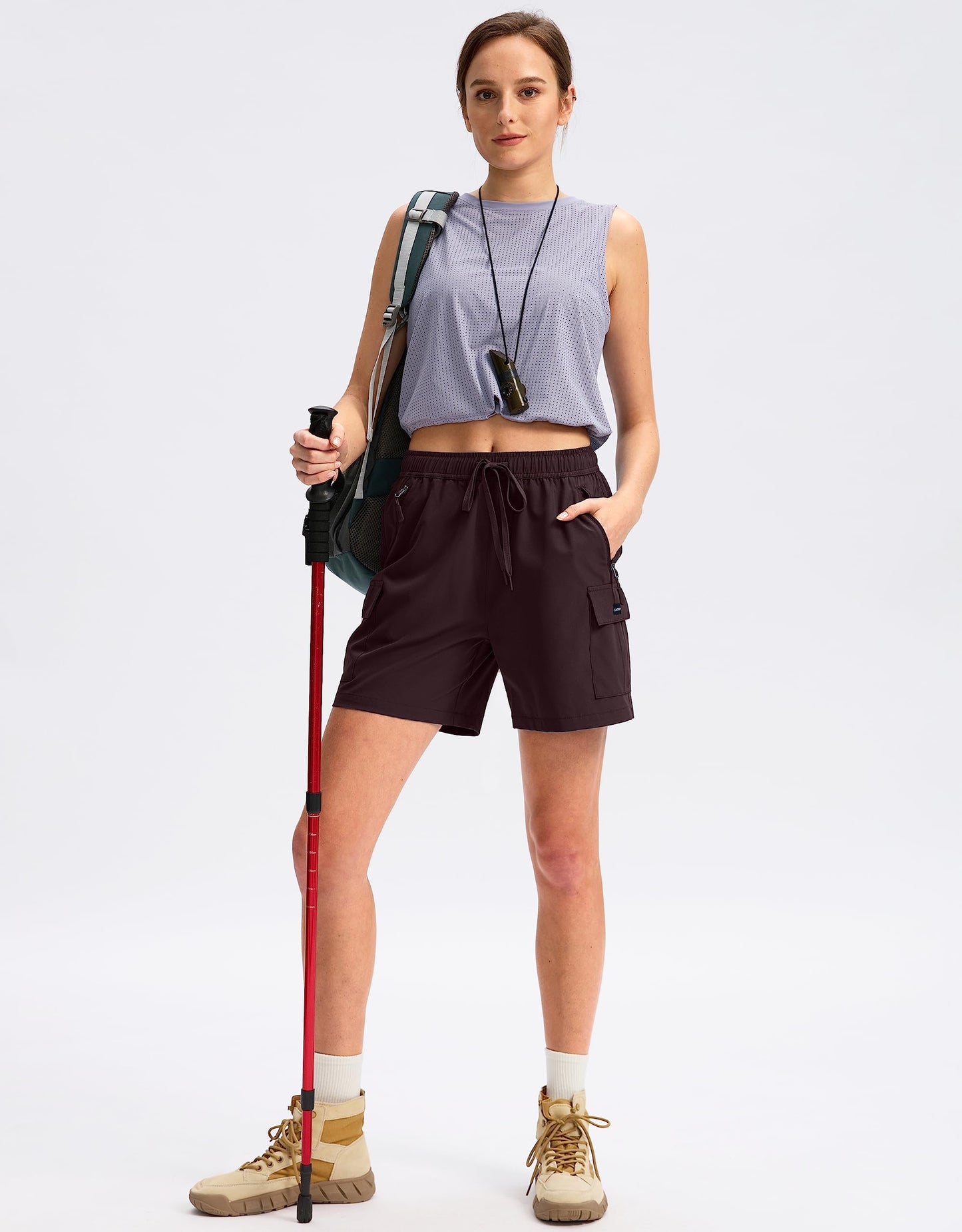 SANTINY Women's 5''/ 7''/9'' Hiking Cargo Shorts Quick Dry Lightweight Summer Shorts for Women Athletic Golf Zipper Pockets(Wine_XL)