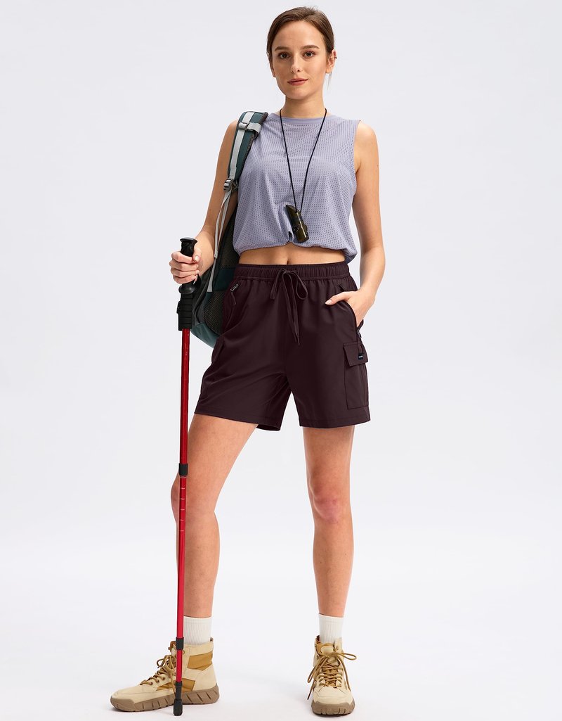 SANTINY Women's 5''/ 7''/9'' Hiking Cargo Shorts Quick Dry Lightweight Summer Shorts for Women Athletic Golf Zipper Pockets(Wine_M)