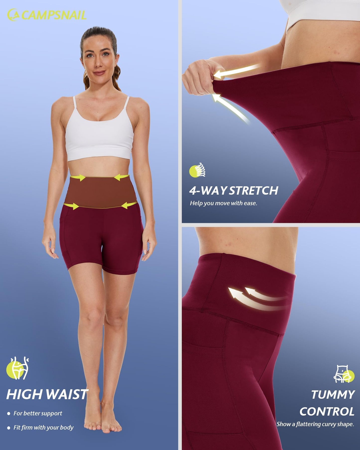 CAMPSNAIL Biker Shorts Women with Pockets - 3"/5"/8" High Waisted Workout Spandex Tummy Control Gym Running Yoga Shorts Burgundy
