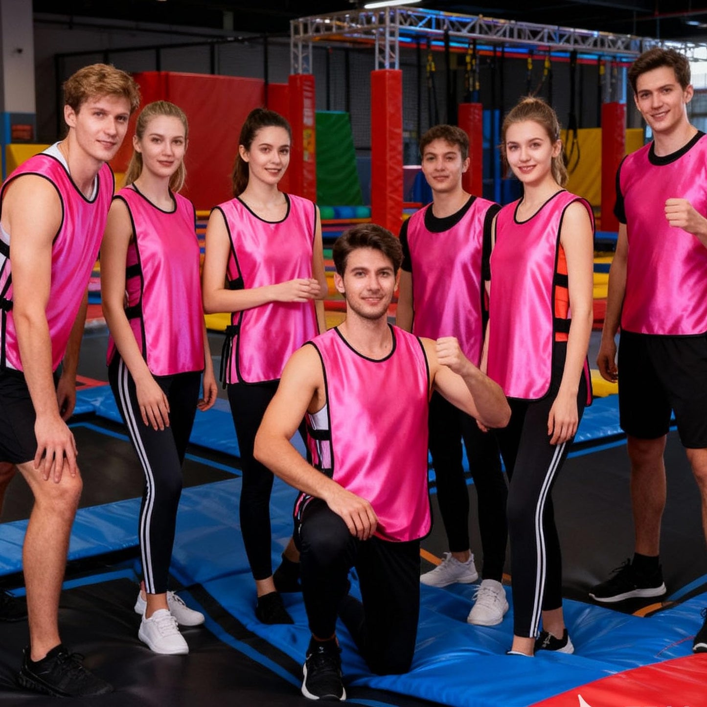 12 Pack Soccer Pinnies, Team Practice Jerseys with Elastic Sides, Non-Mesh Soccer Pennies for Unisex & Youth, Sports Bibs for Soccer, Football, PE & Field Games(Pink, X-Large)