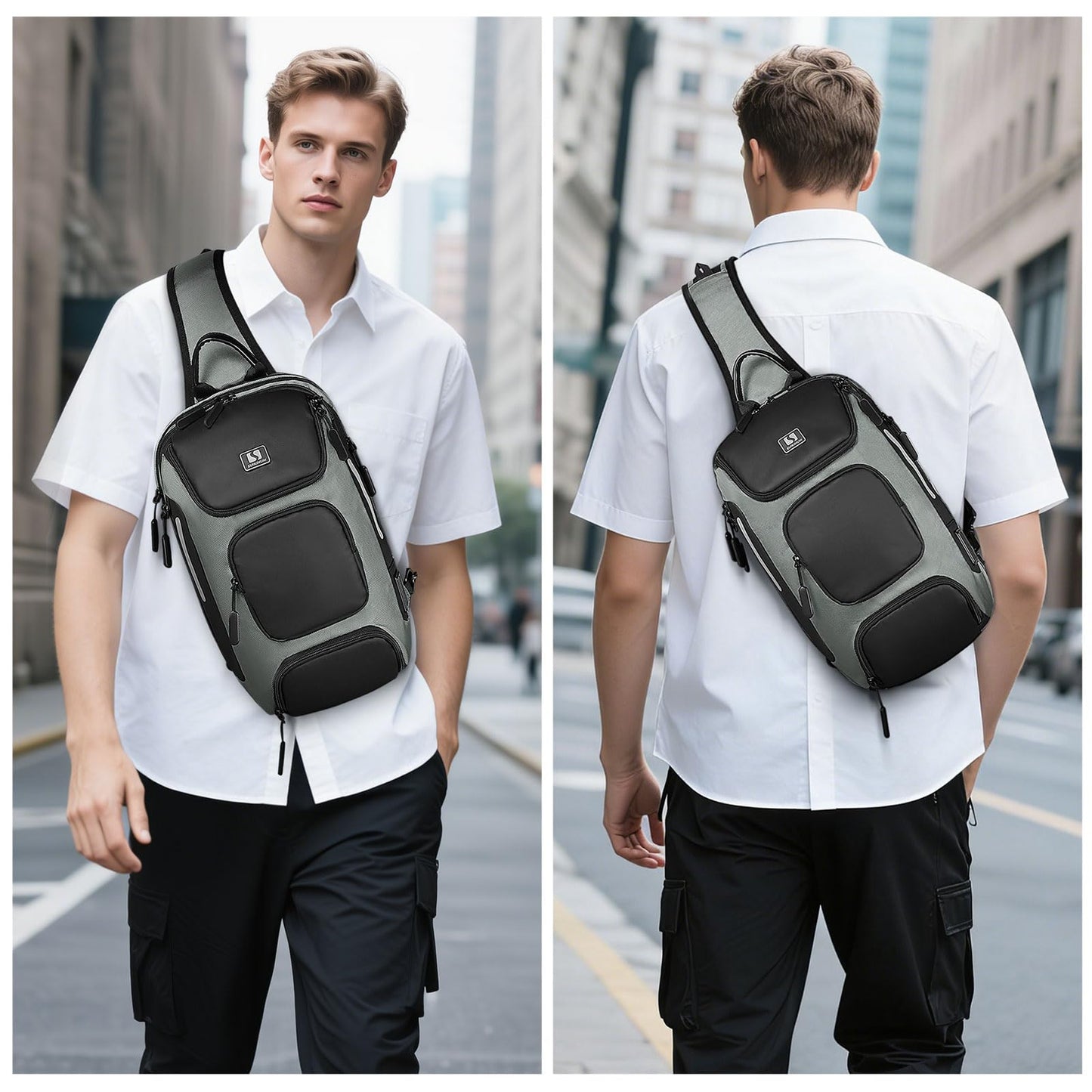 SUIKIHUM Sling Bag for Men, Anti Theft Mini Backpack with USB Charge Port, Lightweight Convertible Crossbody One Strap Casual Pack (Grey)