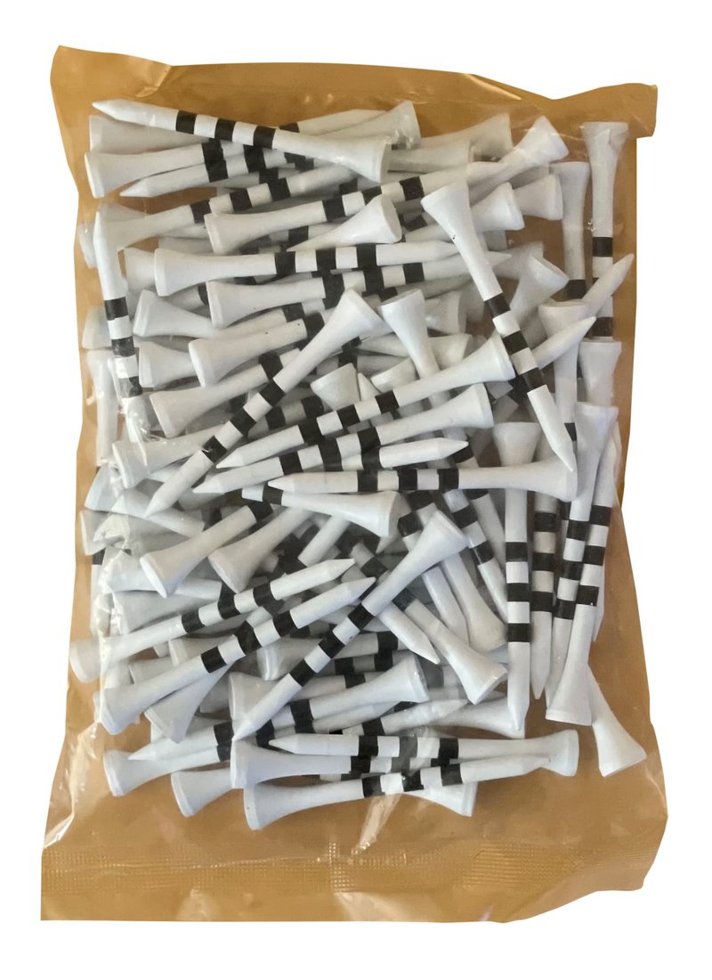 Golf Tees Etc. 2 3/4" & 3 1/4" Wooden Golf Tees with Precision Height Stripes - Pack of 100 (Red/Black or White/Black) (2 3/4", White/Black Stripes)