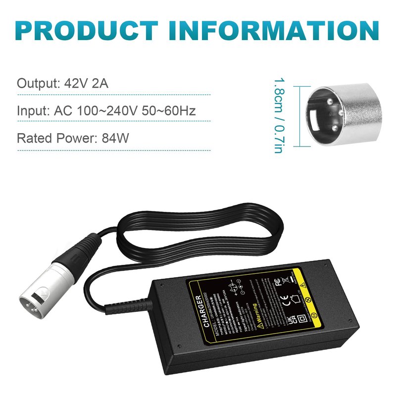 Futurebatt Electric Bike Battery Charger Output 42v 2a with 3-Pin XLR Connector Male for 36V Ebike Battery Adapter Power Cord