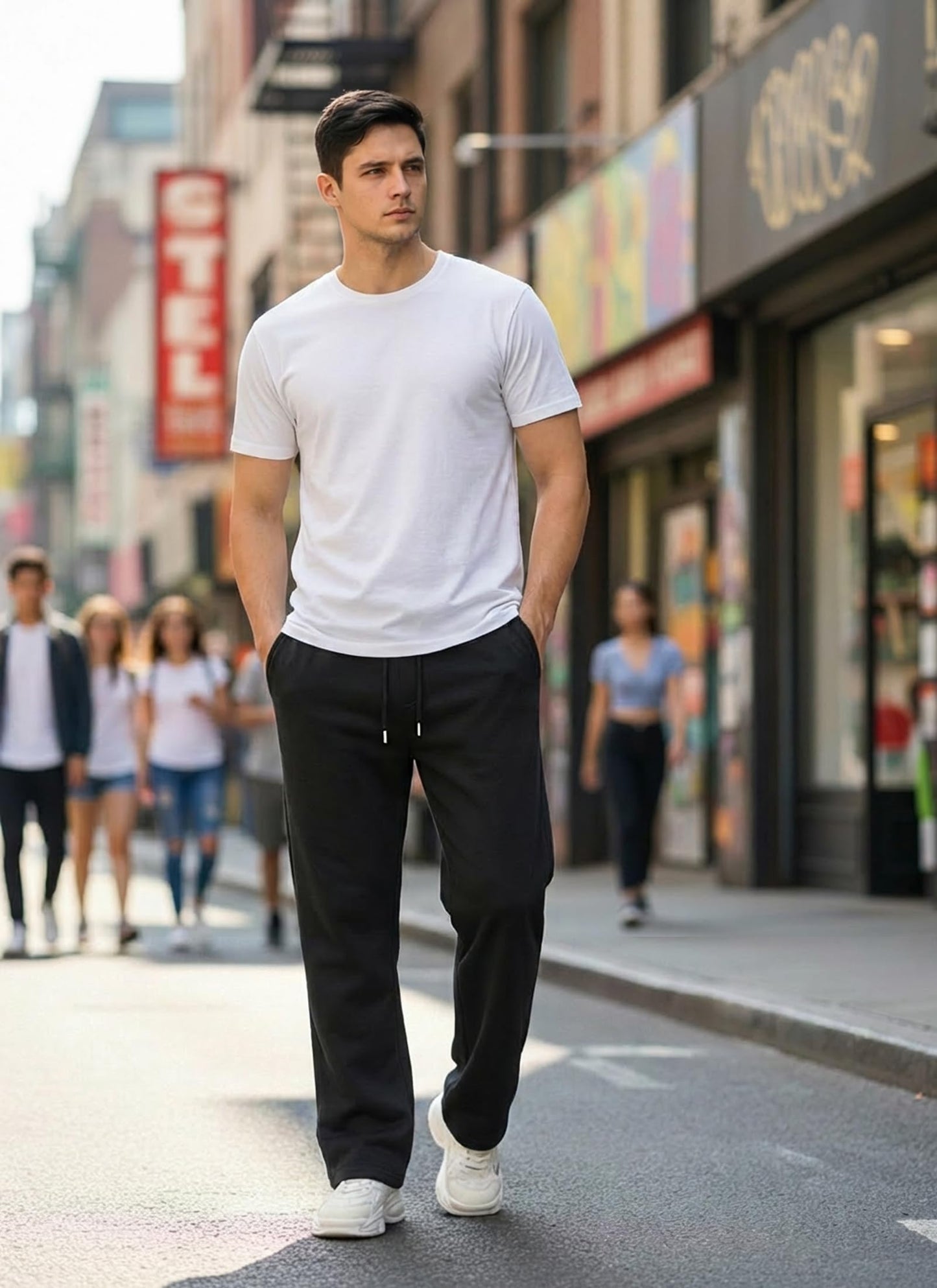 QIUDAOHENG Men's Knitted Sweatpants, Cotton Jogging Pants, with Three Pockets, Suitable for Fitness or Daily Wear. Black