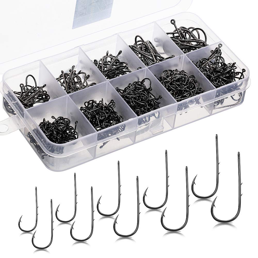 DONQL Bait Holder Hooks, 600Pcs Double Barbed Fishing Hooks 3#-12# Carp Single Fish Hook Kit Fly Fishing Accessories Carbon Steel Jig Sea Hooks for Live Bait Freshwater Saltwater (600PCS)