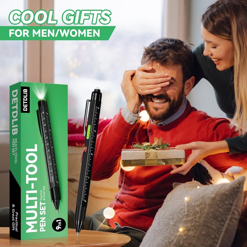 9-in-1 Multitool Pen with LED Light, Stylus, Level, Screwdriver, Fathers Day Dad Gifts for Husband, Dad, Men, Women, Dad, Him, Husband, Father, Mechanic, Birthday Gifts for Men, Cool Gadget, Black