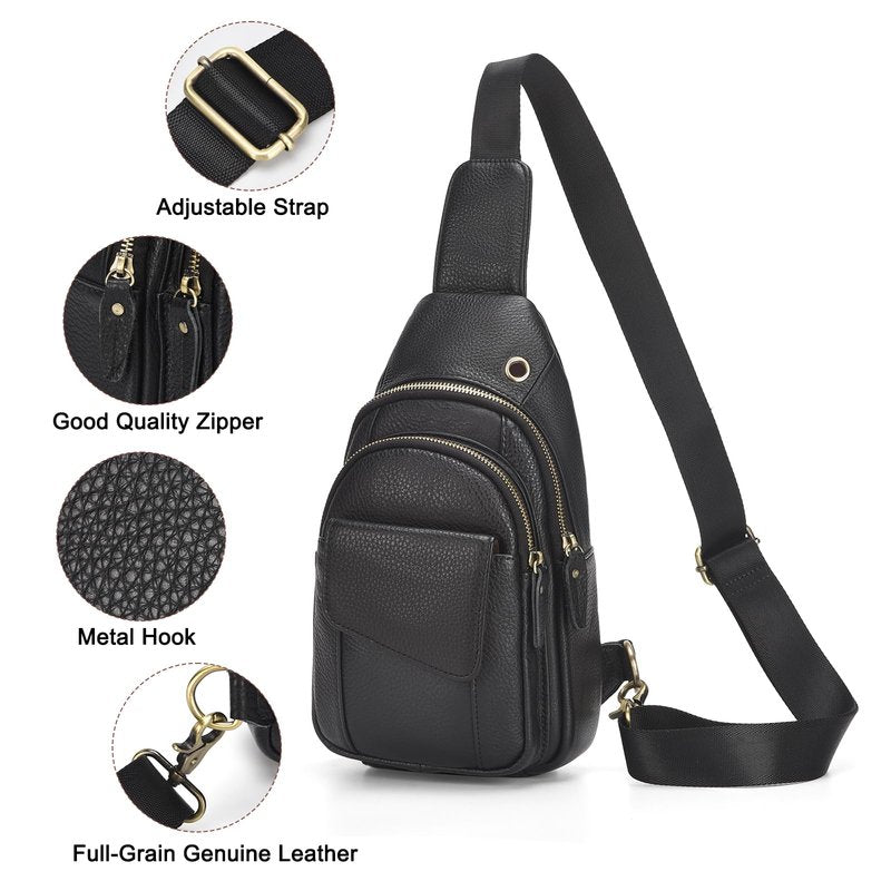 SUIKIHUM Full-Grain Leather Crossbody Bags for Men Women, Genuine Leather Sling Bag, Trendy Casual Chest Bag, Black