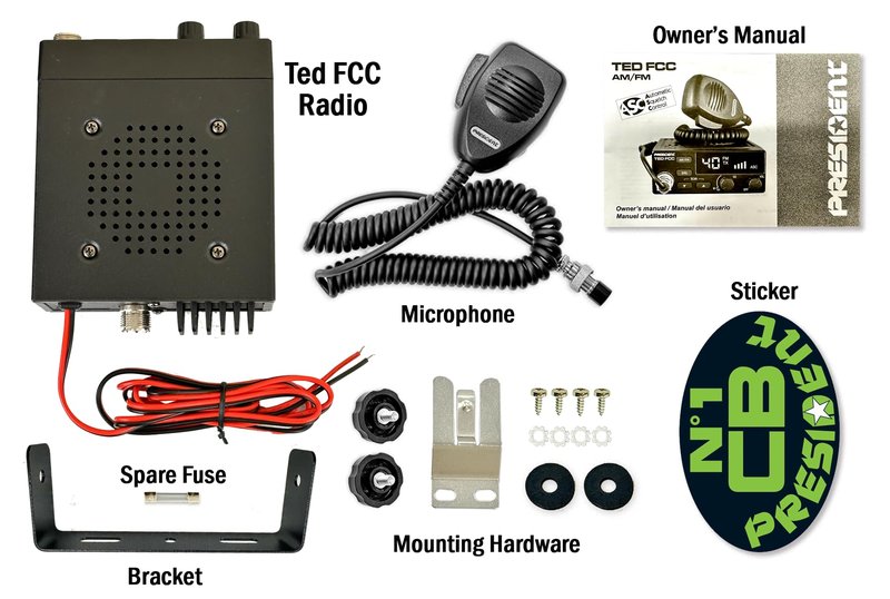 President Ted FCC AM/FM 40 Channel Compact CB Radio, LED Display, Emergency Channels, Automatic Squelch Control, PTT, 6pin MIc Plug, Time Out Timer, Key Beep, 2 Years Manufacture Warranty
