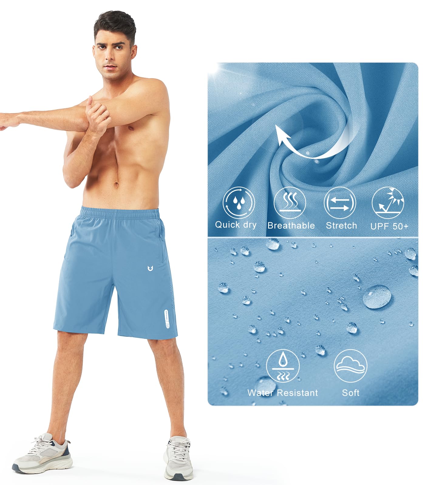 NORTHYARD Men's Athletic Running Shorts Gym Workout 7"/9"/5" Quick Dry Lightweight Sports Basketball Tennis 3 Zipper Pockets SKYBLUE-9inch XL
