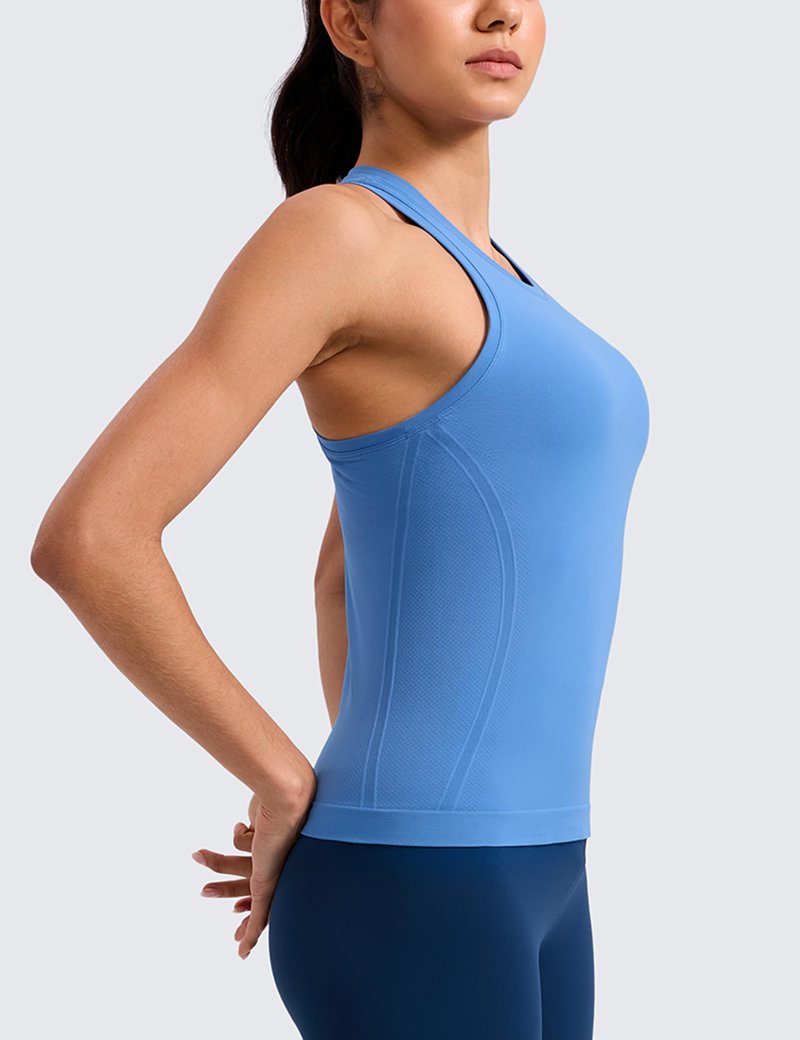 CRZ YOGA Seamless Workout Tank Tops for Women - Athletic Running Gym Sleeveless Shirts Crewneck Racerback Breathable Party Blue X-Large