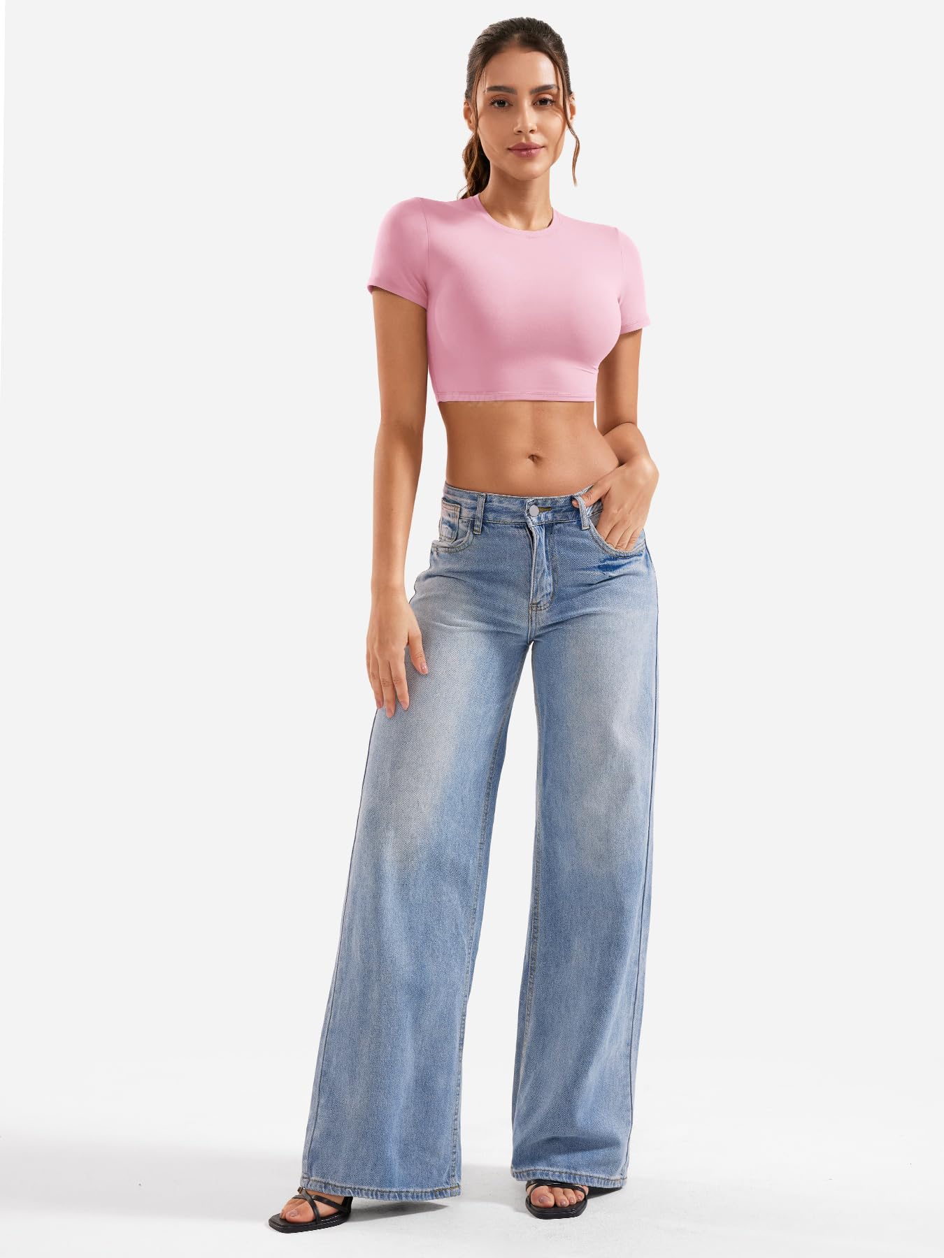 VOYJOY Womens Double Lined Fitted Short Sleeve Crop Tops Crew Neck Tee