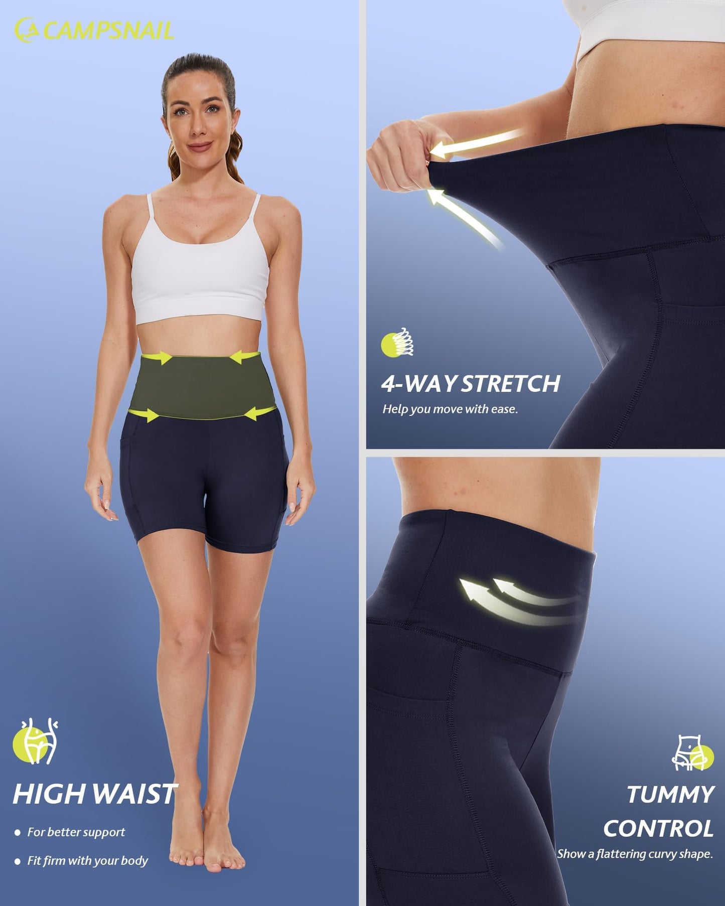 CAMPSNAIL Biker Shorts Women with Pockets - 3"/5"/8" High Waisted Workout Spandex Tummy Control Gym Running Yoga Shorts