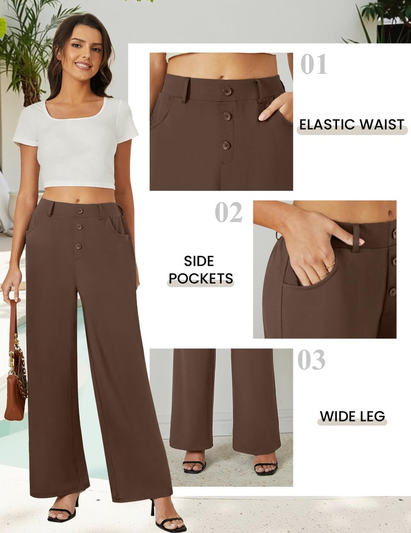 FireSwan Wide Leg Pants Woman Palazzo Casual Slacks High Waisted Trousers Loose Business Work Dress Office Pockets Brown
