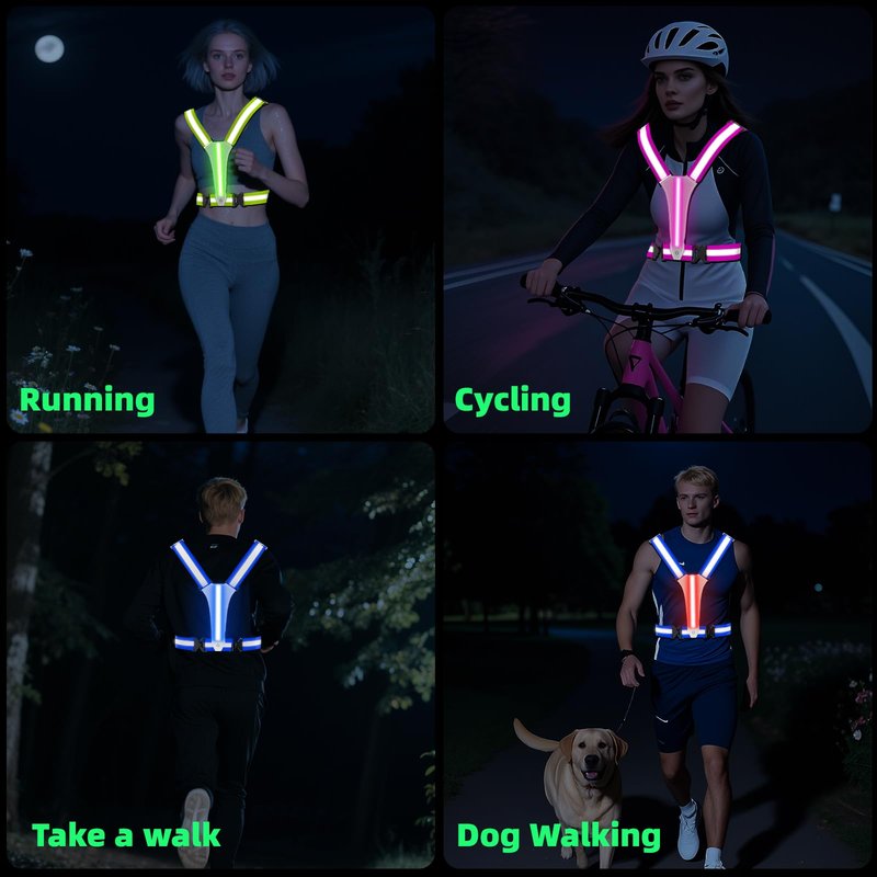 ConKrian LED Reflective Vest Running Gear, 5 Lights Colors, 3 Modes, Adjustable for Running, Cycling, Walking - Led Running Vest for Men, Women, Kids(Pink)