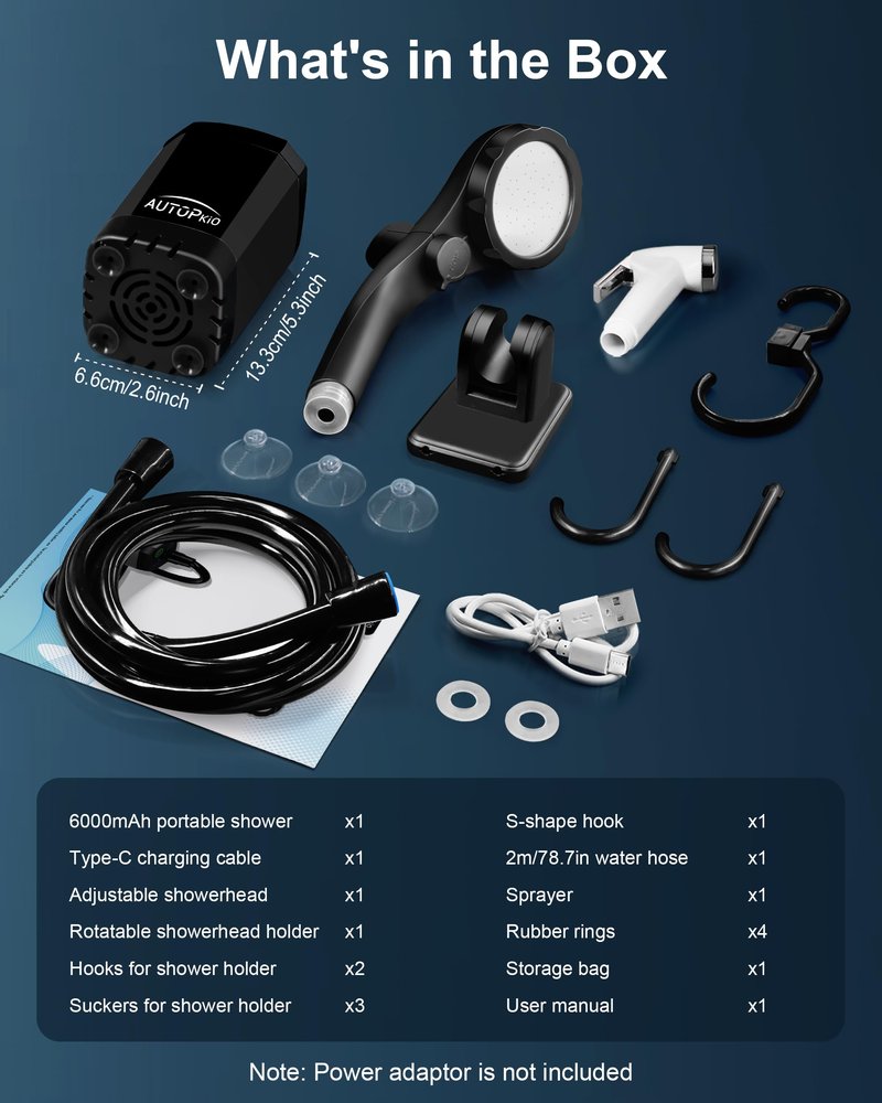 AUTOPkio Portable Camping Shower, Upgraded Outdoor Shower with 6000mAh Rechargeable Battery Pump & Digital Display for Hiking, Travel, Car, Pet Bath, Watering, Emergency