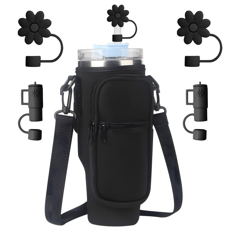 Black Stanley Cup Bag, Cup Holder for Stanley 40oz Tumbler with Handle, Stanley Carrier Bag with 4Pcs Black Straw Topper for Stanley Cup Accessories
