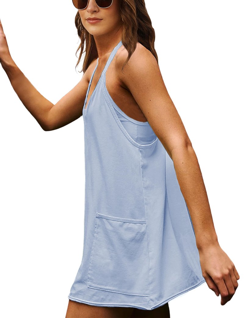 Lentta Womens Athletic Sleeveless Mini Dress with Built-in Shorts V Neck Spaghetti Strap Sundress(OxygenBlue-XL)