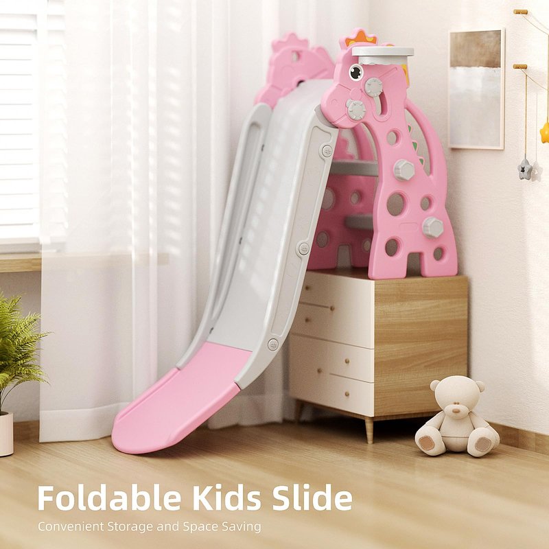 GLAF Toddler Slide Indoor for Toddlers 1-3 Baby Slide Outdoor Playset with Basketball Hoop and Ball Plastic Foldable Slides for Kids Backyard Climber Set (Pink)
