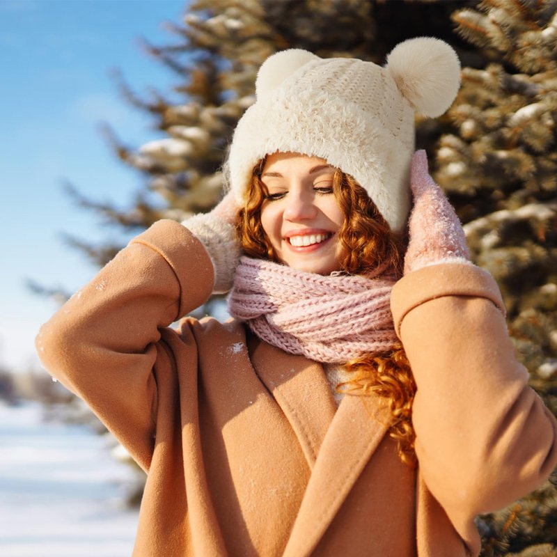 Peicees Knitted Beanie with Fur Pompom for Women Chunky Winter Beanie Hat Warm Fleece Lined Skull Cap Cute Khaki