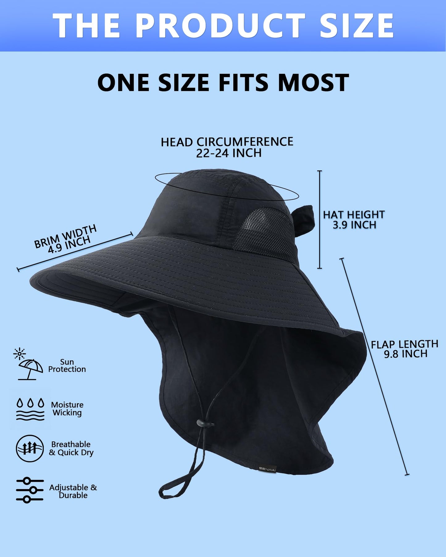SENWAI Womens Sun Hat Outdoor UV Protection Wide Brim Fishing Hat with Ponytail Hole Neck Flap for Beach Hiking Camping, Black