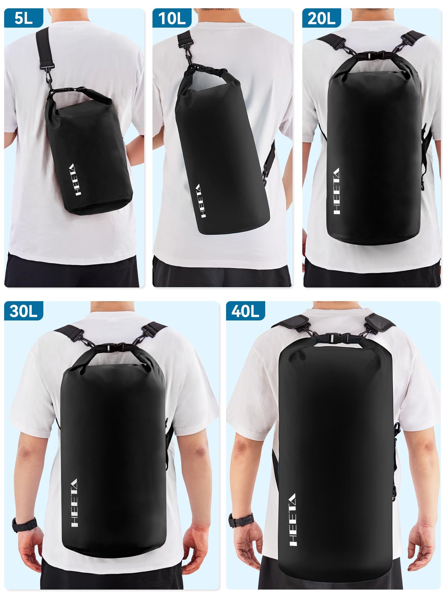 HEETA Waterproof Dry Bag for Women Men, Roll Top Lightweight Dry Storage Bag Backpack with Emergency Whistle for Travel, Kayaking, Boating, Camping, Beach, Cruise Ship Essentials (Pitch Green, 5L)