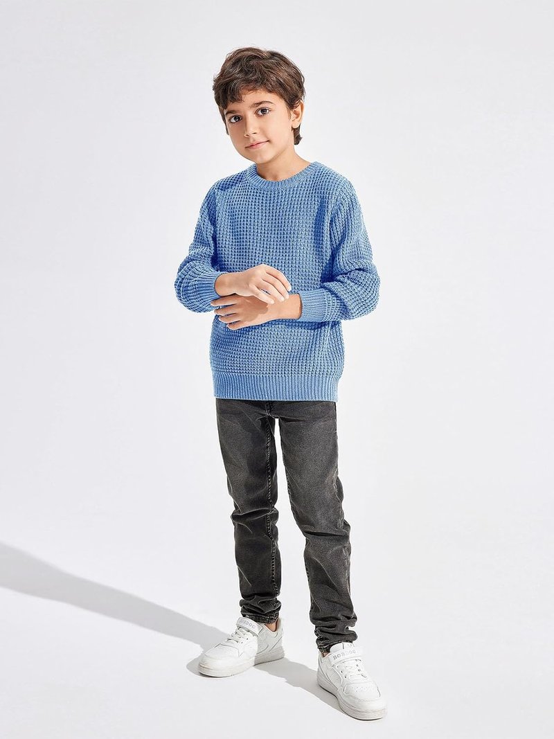 Boys Casual Pullover Sweater - Chunky Crewneck Waffle Knit Jumper | Sizes 4-14 Years